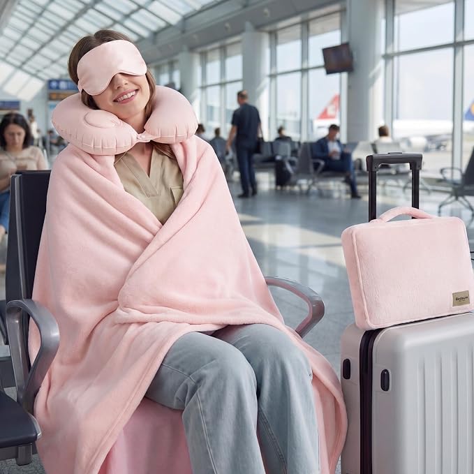 Bedsure Travel Blanket Set with Inflatable Neck Pillow and Eye Mask - Lightweight 3-in-1 Airplane Packable Blanket, Compact Travel Essentials, Pink