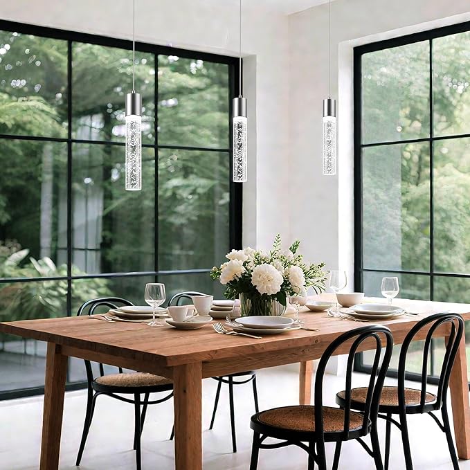 Pendant Lights Kitchen Island, 6500K Modern Kitchen Island Lights Brushed Nickel, 1 Pack Ceiling Lighting Fixtures with Crystal Bubble, Integrated LED Hanging Light for Dining Room Restaurant