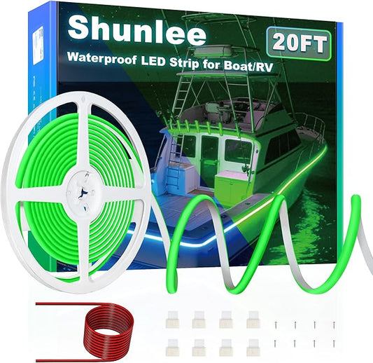 SHUNLEE Led Boat Lights Green 20FT, IP67 COB Waterproof Marine Pontoon Led Lights, Boat Interior Strip Lights for Pontoon, Deck, Night Fishing, Kayak, RV, Bass (20FT-Green)