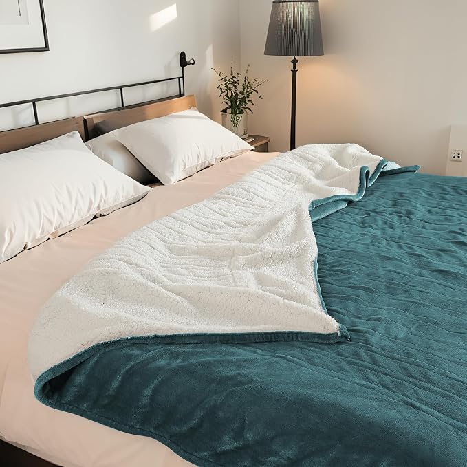 Electric Heated Blanket 90"x100" King Size for Safe All Night, Dual-Sided Microplush Sherpa for Bedroom Couch Use, 4 Heat Settings & 10 Hours Auto Off, Dual Controller, Machine Washable - Teal Green