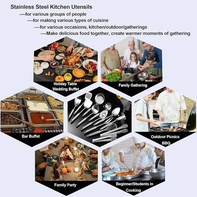 Stainless Steel Kitchen Utensils 13 PCS All Metal Set for Cooking | Food-grade 304-Healthy;Dishwasher safe;One-piece-Sturdy;Plenty of tools for all needs;Great gifts for cooking enthusiast,chef