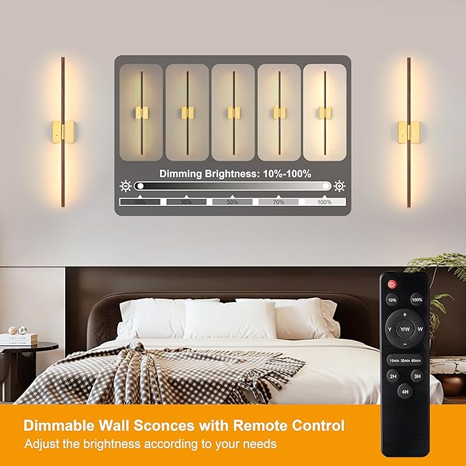 Morauroral 30″ Walnut Battery Operated Wall Sconces with Remote Control, Rechargeable Wall Sconces Set of 2, LED Sconces Wall Lighting, Wireless Wall Lights for Bedroom, Living Room, Background Wall