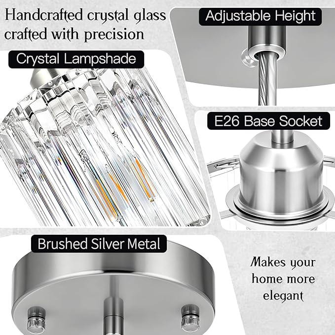 3 Pack Pendant Lights Kitchen Island, Modern Island Lights for Kitchen with Crystal Glass – Luxury Nickel Pendant Lights for Kitchen Island, Dining Table, Entryway, Restaurant
