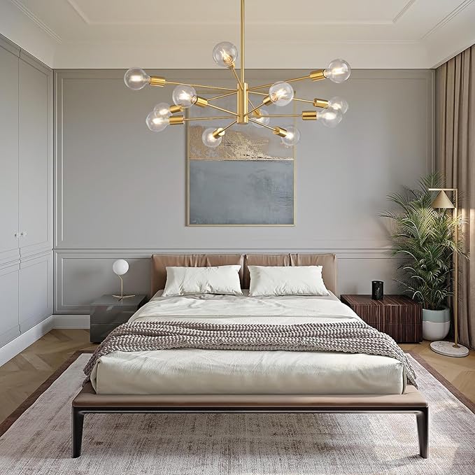 KAISITE Modern Sputnik Chandelier Ceiling Light Fixture 12-Light Gold Chandelier for Dining Room Over Table Height Adjustable Mid Century Industrial Chandelier for Kithchen Living Room Entryway