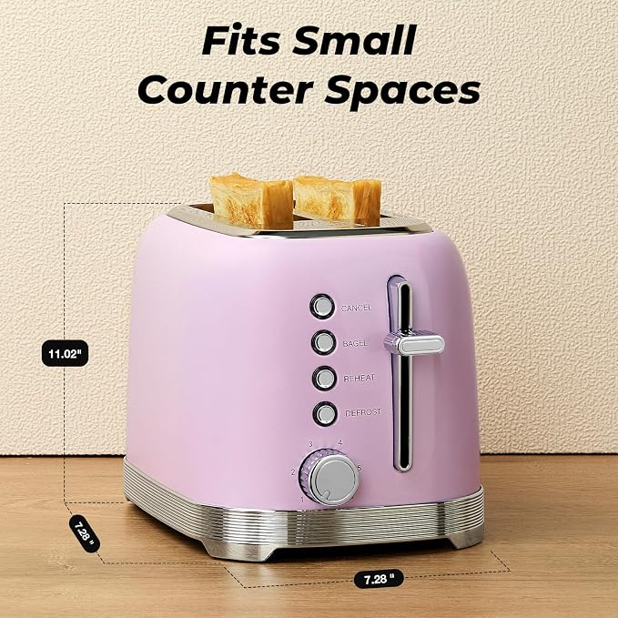 Toaster 2 Slice Retro Stainless Steel with 1.5” Extra Wide Slots Bagel, Defrost, Reheat, Cancel Functions, 6 Bread Shade Settings, Removable Crumb Tray, Pastel Pink