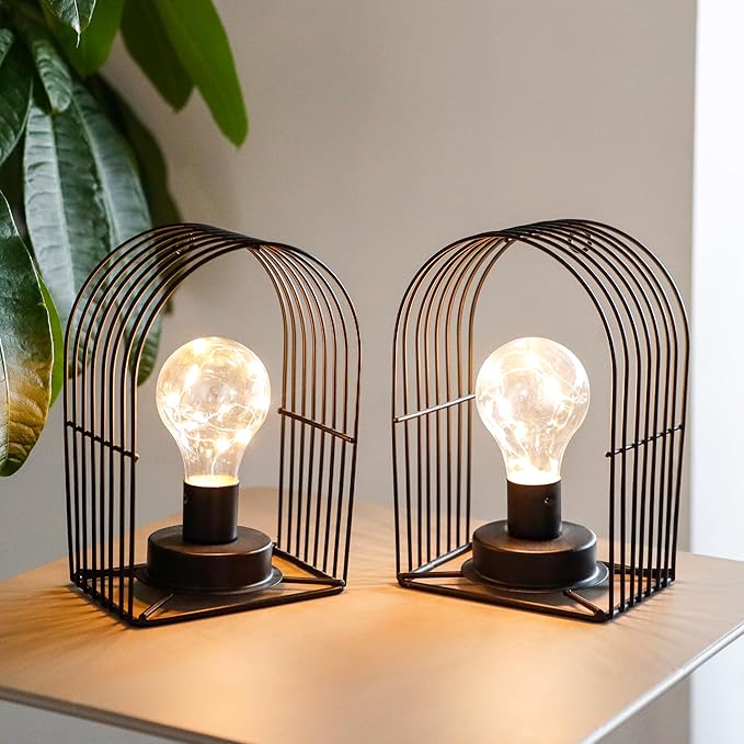 JHY DESIGN Set of 2 Battery Operated Wall Sconce 7''H Metal Wall Mount Lamp with 6-Hour Timer and Fairy Lights Bulb Table Lamp Wall Decor for Bedroom Living Room Hallway Stairway(Arch Shape)