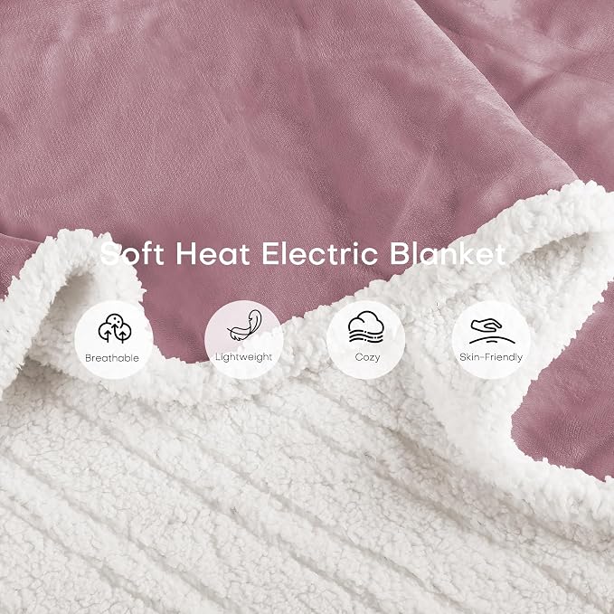 Electric Heated Blanket Throw Size 50"x60" – ETL Certified for Safe Overnight, 4 Heat Settings & 3H Auto Off, Dual-Sided Microplush Sherpa for Home Theater Night, Machine Washable – Berry