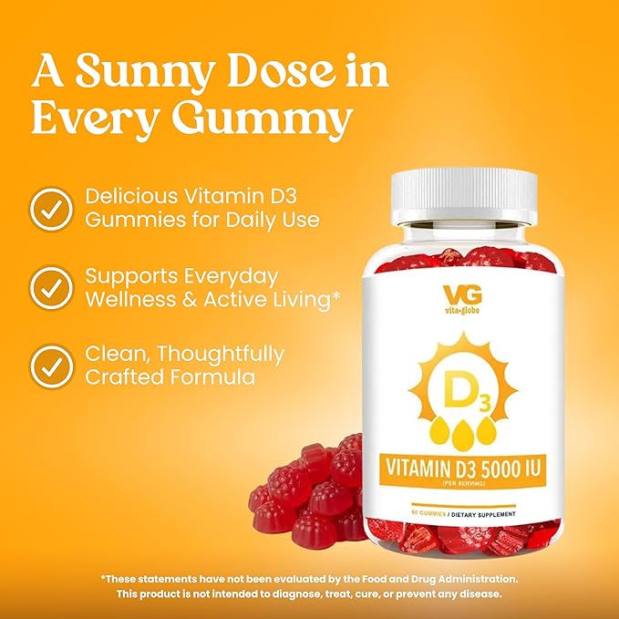VITA GLOBE Gommes de Vitamine D3 – 10 000 UI (250 mcg) avec Zinc & Échinacée | Soutien Quotidien du Système Immunitaire, des Os, des Dents & des Muscles | Supplément Masticable Non-OGM à Haute Puissance pour Adultes – 60 Gommes (Paquet de 1)