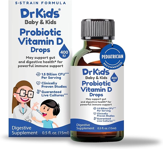 Dr. Kids Probiotic Vitamin D Drops – Supports Infant & Child Gut Health, Helps Reduce Gas, Colic & Fussiness, Baby Probiotic Drops with Vitamin D3, Pediatrician Recommended, Unflavored, 0.5 fl oz