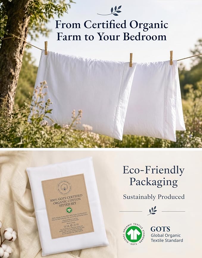LANE LINEN Fitted Sheet Full Size, 100% Organic Cotton, 3-Piece Set (1 Fitted Sheet, 2 Pillowcases) Percale Weave, Bed Fitted Sheets, Breathable, Fits Mattress Upto 15" Deep - White (No Flat Sheet)
