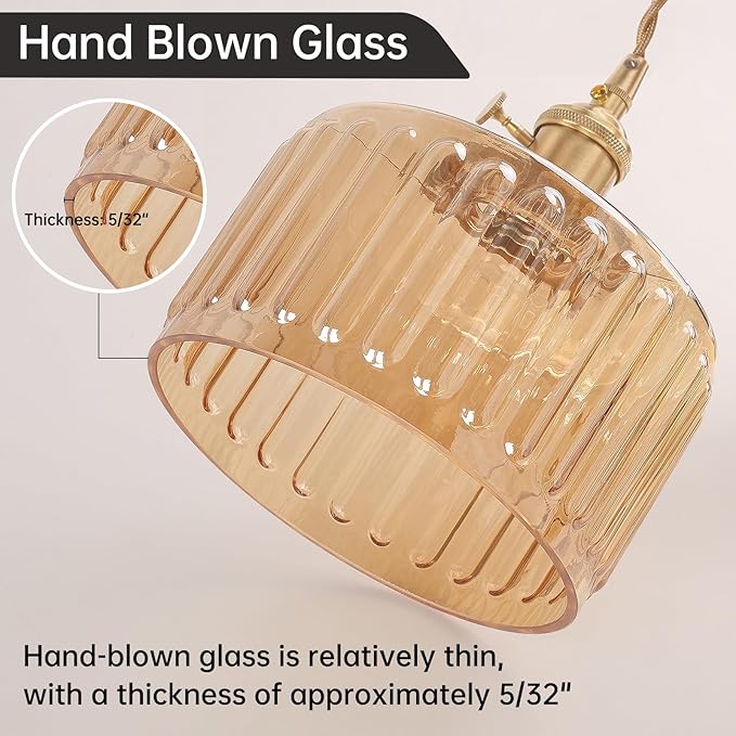 Shenmoyl Plug in Pendant Light Hanging Light Fixture Corded On/Off Switch Brass Pendant Light with Amber Striped Glass Lampshade for Bedroom Living Room Kitchen Island