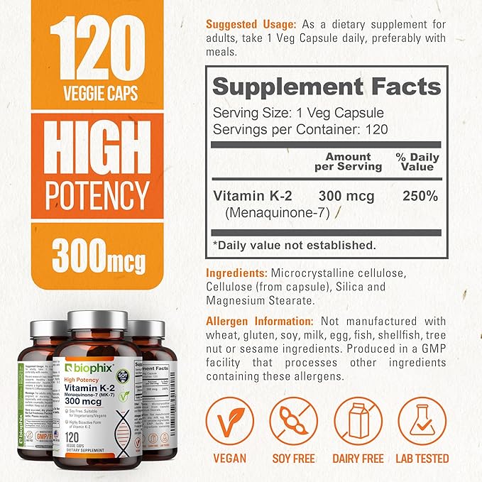 biophix Vitamin K2 MK-7 300mcg, 120 Vegan Capsules – High-Potency Supplement for Bone Strength and Immune Health