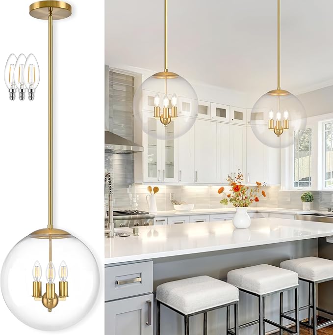 Bagood 14" Globe Pendant Light Contemporary Globe Pendant Lights Kitchen Island 3 Light Gold Mid Century Pendant Light Clear Glass with Brass Finish Adjustable Hanging Light Fixture for Dining Room