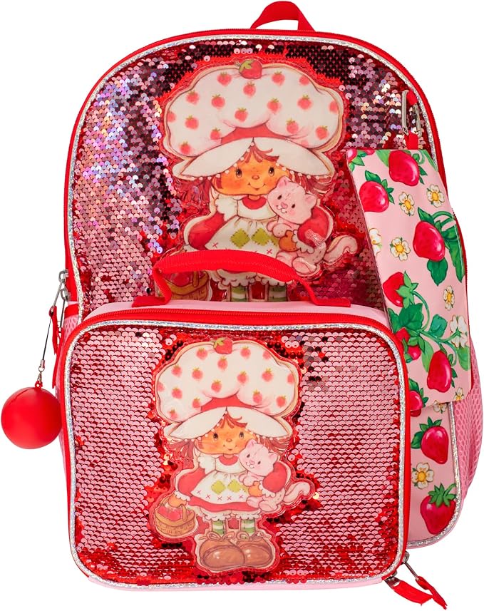 AI ACCESSORY INNOVATIONS Strawberry Shortcake 5 Piece Backpack Set, Flip Sequin Girls School Bag with Front Zip Pocket, 2 Side Mesh Pockets, Pink & Red