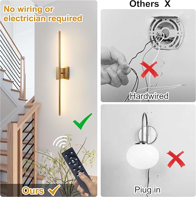 15800 mAh Battery Operated Wall Sconce with Remote Control Dimmable Wall Sconce Set of Two 3000K LED Brass Gold Wireless Wall Light Battery Powered Cordless Rechargeable Sconces Wall Lighting Set of 2