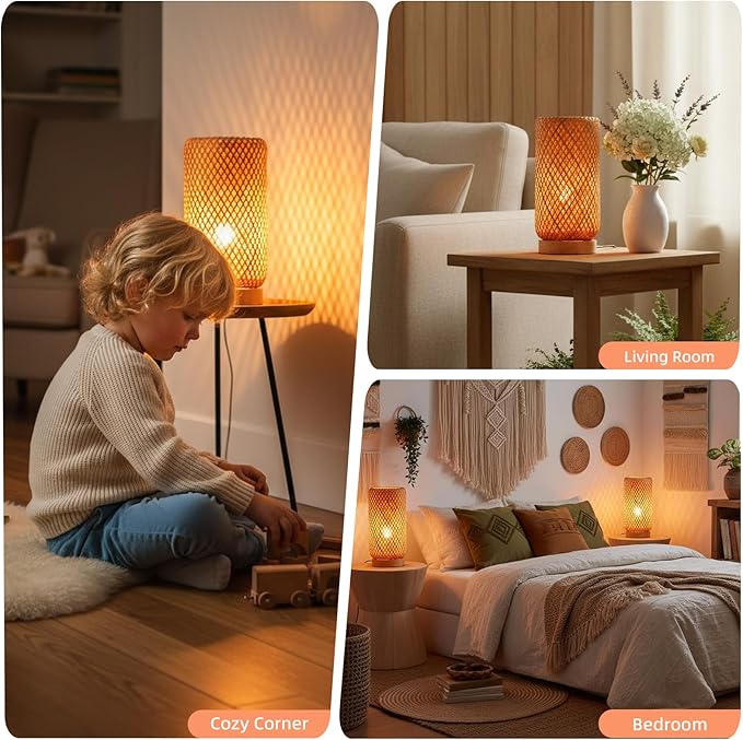Arturesthome Bamboo Desk Light Woven Boho Beside Lamp Vintage Wicker Wooden Nightstand Lamp for Living Room,Kids Room,Nursery Room Decor