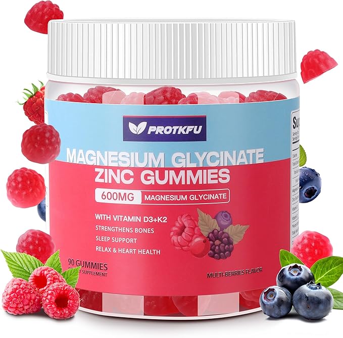 90 bonbons gélifiés au glycinate de magnésium 600 mg, sans sucre avec zinc et vitamines D3 et K2 – Suppléments de magnésium pour le sommeil, la santé osseuse, le fonctionnement nerveux et immunitaire