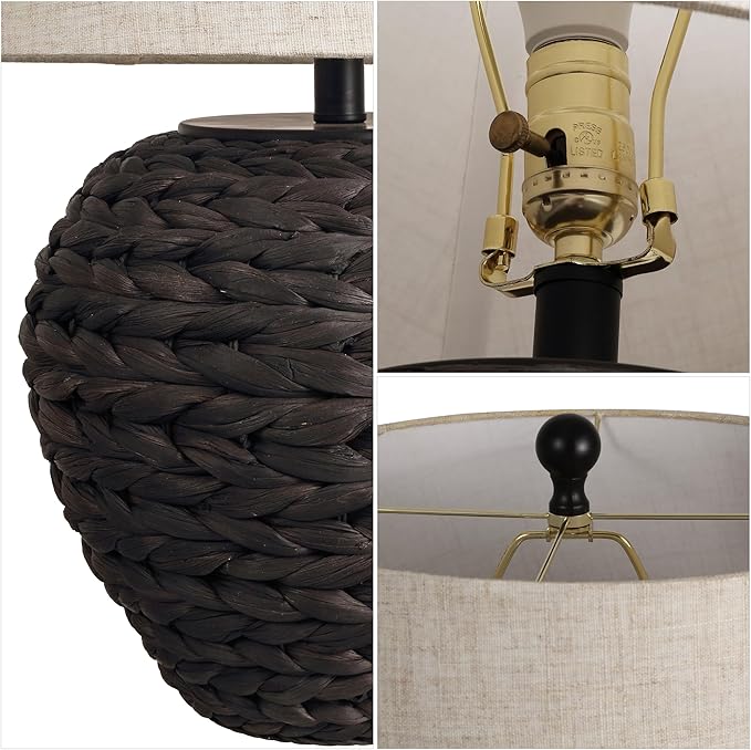 JONATHAN Y 24.5" Black Water Hyacinth Farmhouse Basket Table Lamp, Coastal Decor for Living Room Bedroom Nightstand, Light Gray Linen Shade, LED Bulb Included (JYL6501D)