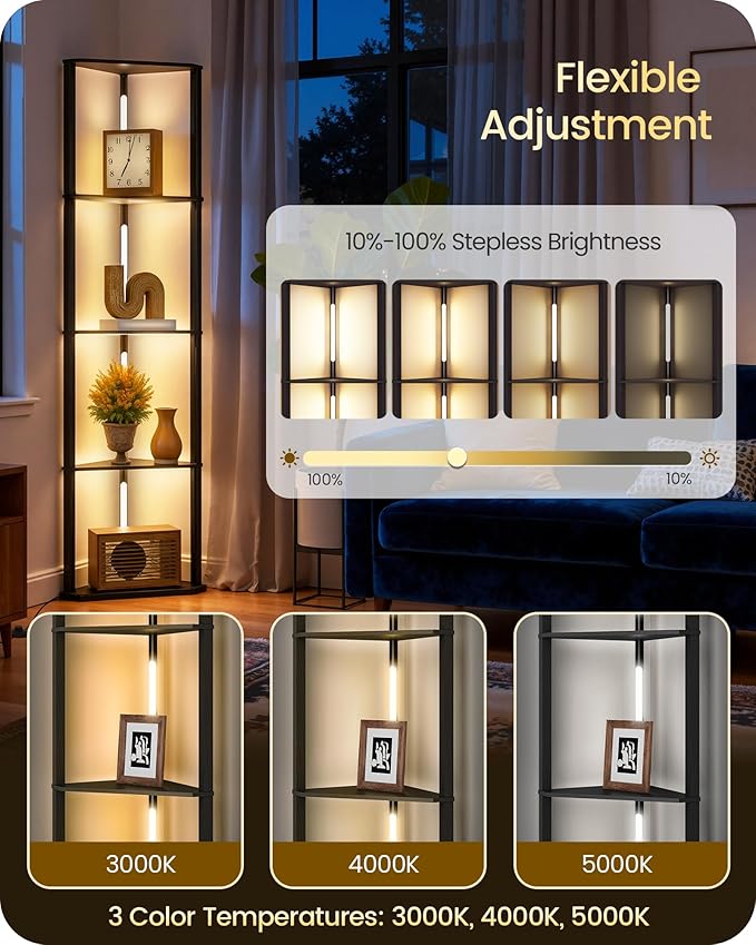 63.4” Display Shelf with Light, Modern Corner Floor Lampe with Shelves, LED Dimmable Standing Lamp with Remote for Living Room, Bedroom, Office, Adjustable CCT, Black Triangle B55LD05