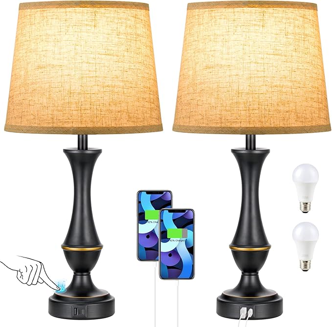 Seealle Upgraded Touch Lamps for Night Stands Set of 2 - Bedside Lamps with USB C+A, 3 Way Dimmable for Bedroom Living Room End Tables Office (Tall Beige&Black)