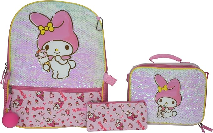 AI ACCESSORY INNOVATIONS Hello Kitty My Melody 5 Piece Backpack Set, Kawaii Flip Sequin Anime School Bag for Girls with Zip Front Pocket, Pink