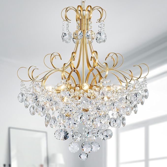 ANJIADENGSHI Crystal Chandelier, Modern K9 Crystal Pendant Light for Dining Room, Vintage Pendant Ceiling Fixture Lamp, 10-Lights Golden Chandelier Lighting for Kitchen Island, Living Room, Bedroom