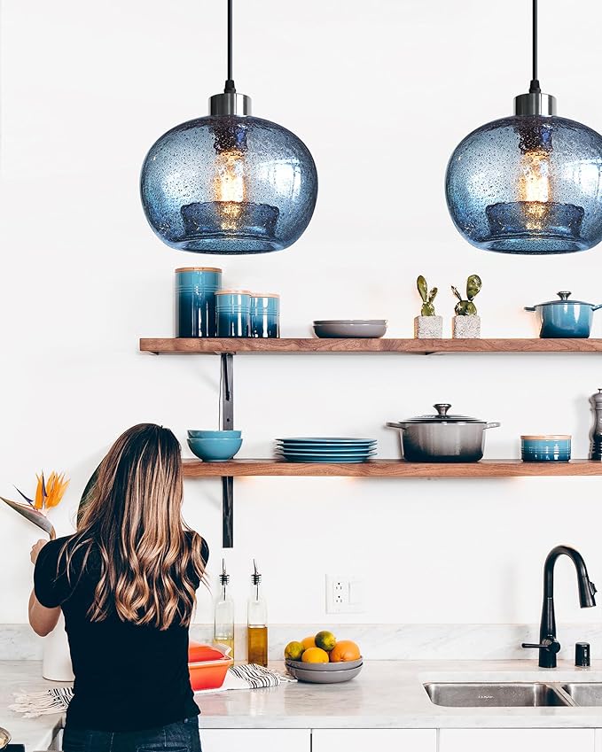 CASAMOTION Glass Pendant Lights Kitchen Island Modern Farmhouse Blue Ceiling Hanging Light Fixtures Globe Over Table Sink Foyer Entryway Brushed Nickel 8.7 Inch Diameter