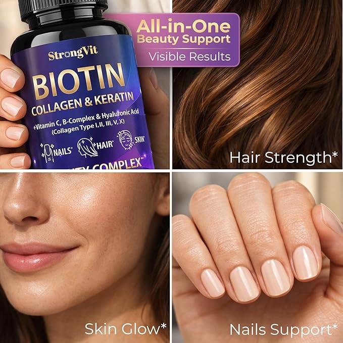 StrongVit Biotin with Hyaluronic Acid, Keratin and Collagen Supplements - 10000mcg for Hair Growth Women and Men - Hair Skin and Nails Vitamins - 120 Capsules