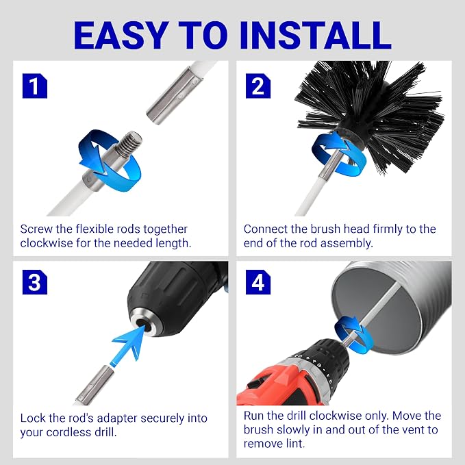 Upgraded 60-Feet Dryer Vent Cleaner Kit with Drill Attachment - Flexible Lint Remover Brush, Extends Up to 60 ft, Works with or Without Power Drill