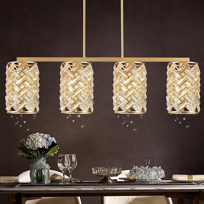 CATINER Gold Crystal Kitchen Island Lighting 40" Modern Linear Chandelier 4 Lights Ceiling Pendant Light Fixture Luxury for Kitchen Dining Room Living Room