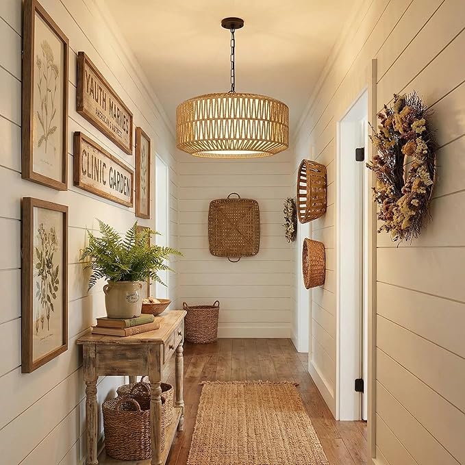 9"-52" Height Adjustable Farmhouse Chandelier Light Fixture, 5-Light Rattan Boho Chandeliers for Dining Room, Hand Woven Pendant Light with Linen Shade, Rustic Hanging Lighting for Kitchen Island