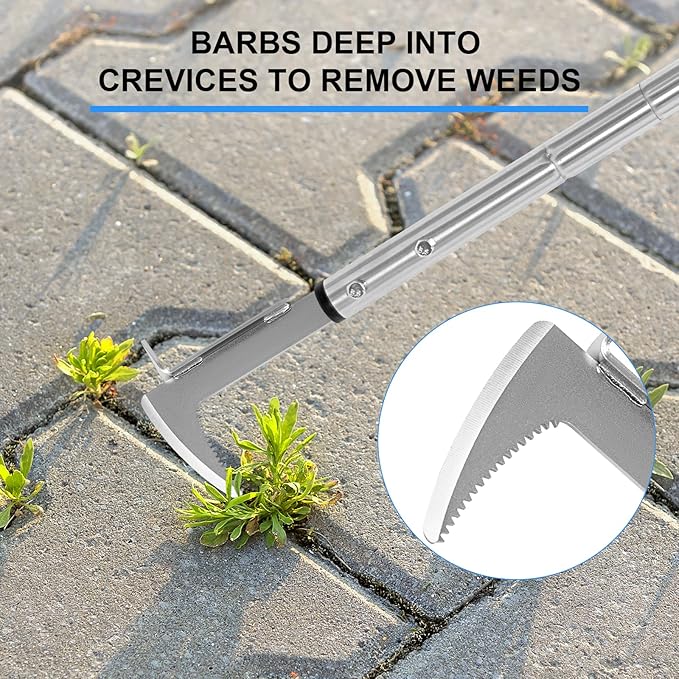 BARAYSTUS Crack Weeder, Stainless Steel Manual Crevice Weeding Tool, Long Handle Weed Grabber Remover, L-Shaped Manual Weeder Puller, Durable Crevice Weeding Tool for Sidewalk Garden Patio Lawn