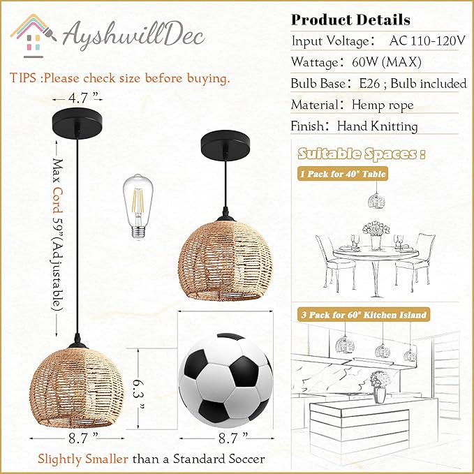 2 Pack Wicker Pendant Light Natural Woven Pendant Light Boho Chandelier Light Fixture Dome Rustic Farmhouse Pendant Lights Rattan Light Fixture for Kitchen Island Dining Room (Bulb Incl.)