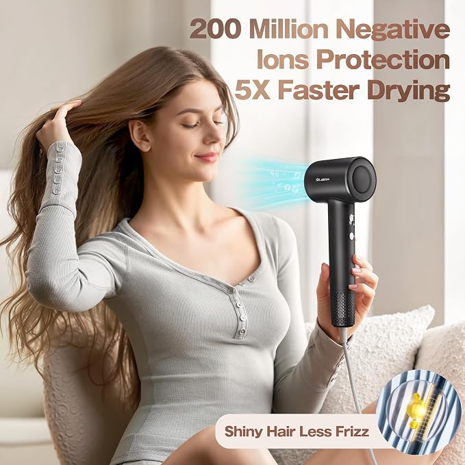 Labiim Hair Dryer, High-Speed Ionic Blow Dryer 110,000 RPM Brushless Motor for Fast Drying, 200M Ions Frizz & Thermo-Control HairDryer with Magnetic Nozzle, Quiet Compact for Home Travel, Black