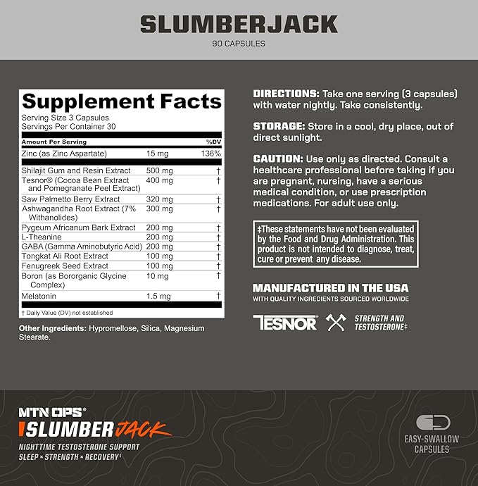 MTN OPS Slumber Jack Nighttime Testosterone Support for Men Sleep & Recovery Supplement with Ashwagandha, GABA, Melatonin & Tesnor, 30 Servings