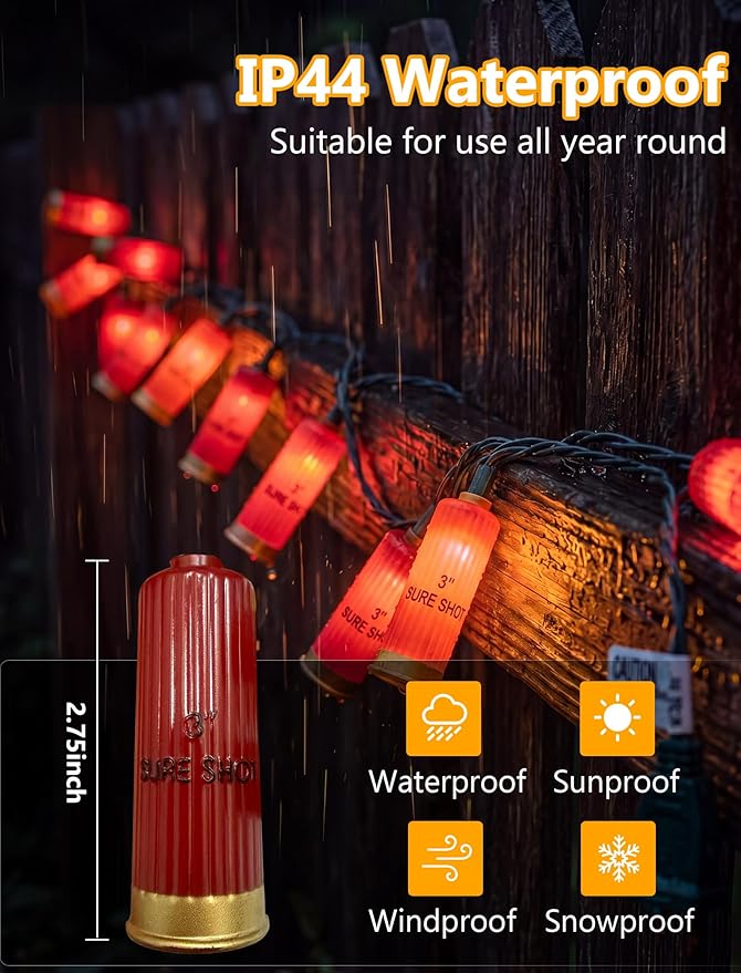 8.5Ft Red Shotgun Shell Christmas String Lights with 10 LED Bullet Shell Lights, Connectable Outdoor Military Style Bullet Light String for Christmas Garden Patio Party Tent Bar Decorations, Green