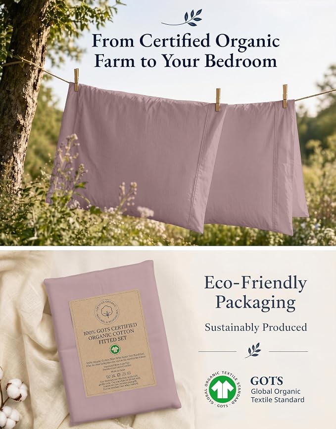 LANE LINEN King Fitted Sheet, 100% Organic Cotton, 3-Piece Set (1 Fitted Sheet,2 Pillowcases), Percale Weave, Ultra Soft, Breathable,Fits Mattress Upto 15" Deep - Lilac (No Flat Sheet)