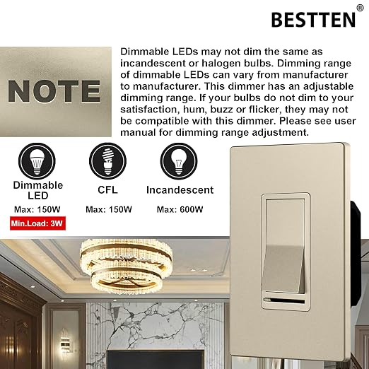 BESTTEN 10 Pack Matte Champagne Gold Dimmer Light Switch, Single Pole or 3-Way, Compatible with Dimmable LED, CFL, Incandescent and Halogen Bulb, 120VAC, Signature Collection, UL Listed