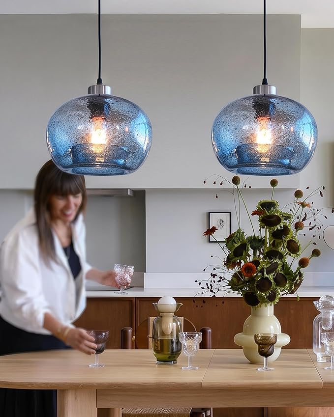 CASAMOTION Glass Pendant Lights Kitchen Island Modern Farmhouse Blue Ceiling Hanging Light Fixtures Globe Over Table Sink Foyer Entryway Brushed Nickel 8.7 Inch Diameter