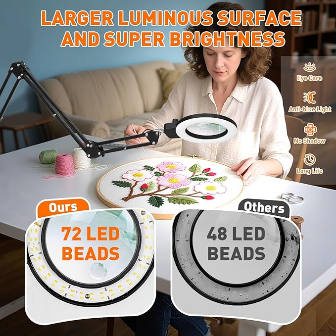 KIRKAS 12X & 30X Magnifying Glass with Light and Stand, Extra-Long Arm Magnifying Lamp Overhead Knob for Workbench, Craft, LED Lighted Magnifier Real Glass Lens Stepless Dimming and Color(35in Clamp)