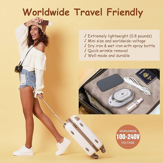 Newbealer Travel Iron Set, 100-240V Mini Dry Iron for Clothes (No Steam) | Max 300W, Heats in 60s, 302℉ Ceramic Soleplate, Handy Heat Press, 0.8lbs Lightweight for Quick Touch-ups Worldwide (Silver)