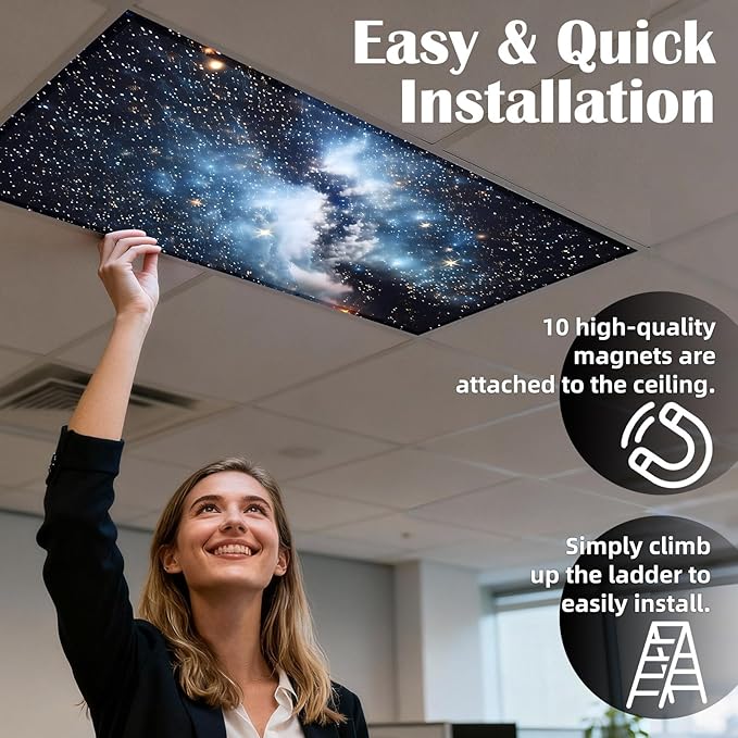 ANGSYLTH 8 Pcs Fluorescent Light Covers - 4 x 2 Feet Covers for Ceiling Lights, 8 x 10 Magnetic Light Filters for Classroom, Office, Hospitals (Galaxy)