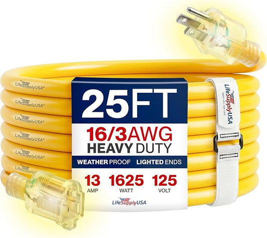 25ft Outdoor/Indoor Extension Cord 16/3 Gauge Heavy Duty 3 Prong SJTW, Waterproof, Flexible Cold-Resistant Long Power Cord,125 Amp 1625W, Yellow by LifeSupplyUSA