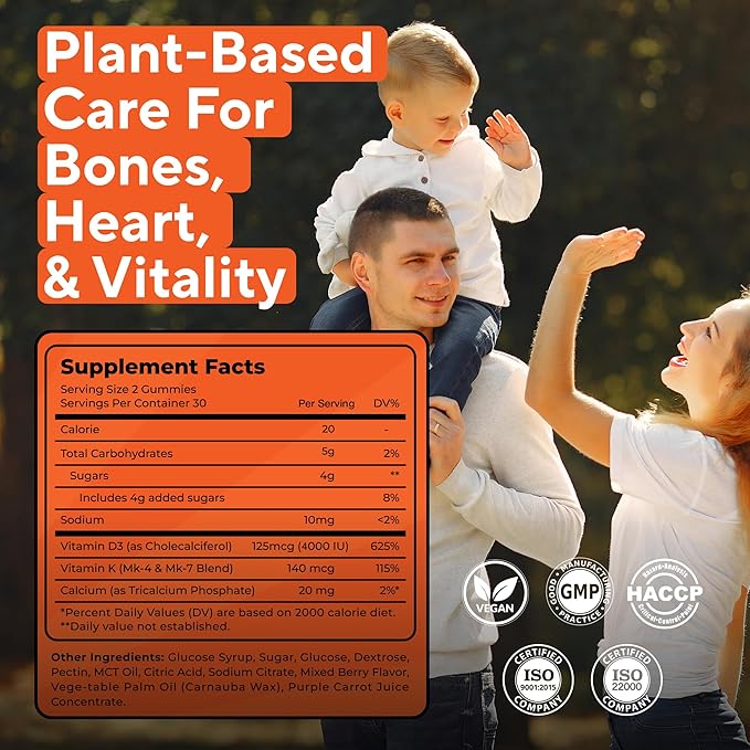 Vitamin D3 K2 Gummies – 4000 IU D3 + 140 mcg K Blend – Immune & Bone Support – Vegan, Non-GMO & Gluten-Free – 60 Berry-Flavored Gummies for Children