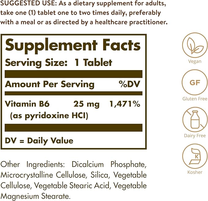 Solgar Vitamin B6 25 mg, 100 Tablets - Supports Energy Metabolism, Heart Health & Healthy Nervous System - B Complex Supplement - Vegan, Gluten Free, Dairy Free, Kosher - 100 Servings