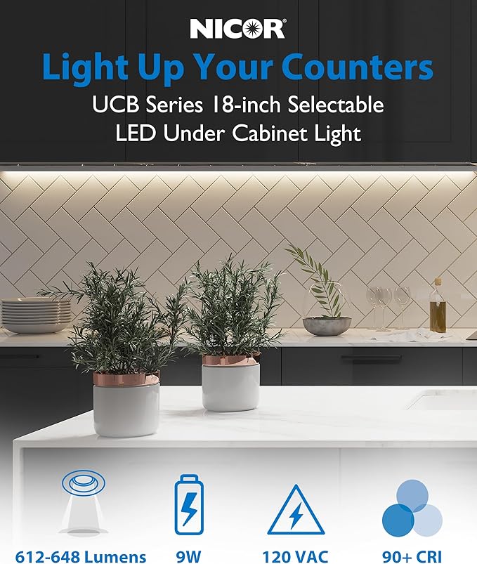 18” LED Direct Wire Under Cabinet Light with On/Off Switch - Dimmable LED Lights for Kitchen - Selectable CCT 2700K-5000K, 612-648 Lumens, 9W - UCB Hardwired Under Cabinet Lighting by NICOR Lighting