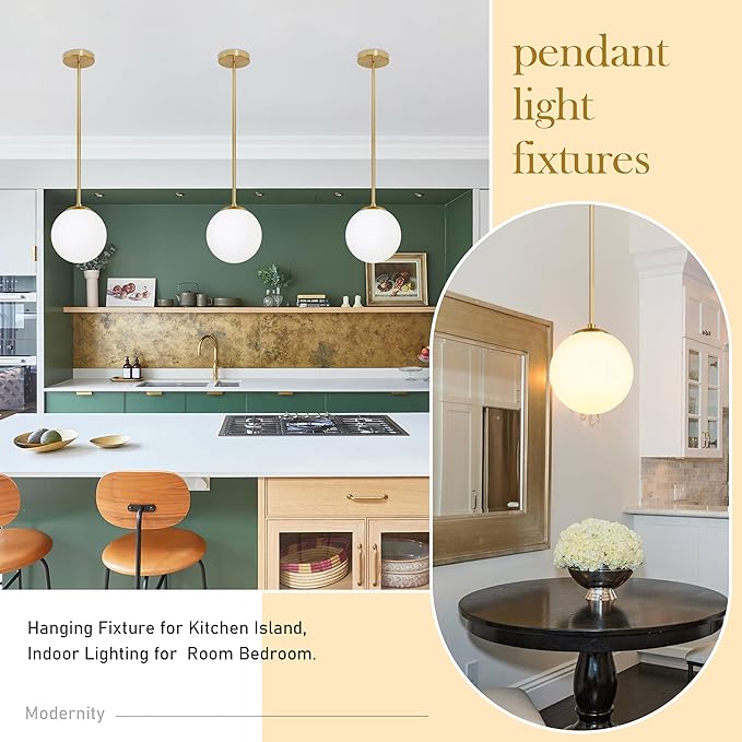 Bagood 6" Globe Pendant Light Gold Mid Century Pendant Light Globe Pendant Lights Kitchen Island Brushed Brass Finished with Milk Glass Lampshade Adjustable Ceiling Light Fixtures for Kitchen