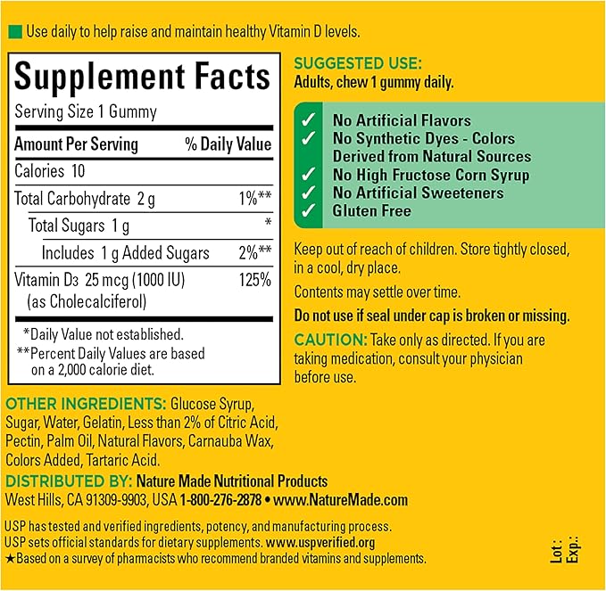 Nature Made Vitamine D3 1000 UI Gommes, Soutien de la santé des os, des dents, des muscles et du système immunitaire, 90 jours de provision, 90 gommes de vitamine D pour adultes