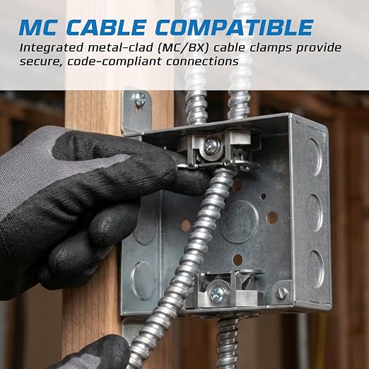OHLECTRIC 4" Square Welded Electrical Box with Flush Mount Brackets (4-Pack) 1-1/2 Inch Deep Box with BX/MC Cable Clamp, ½ & ¾ Knockouts, Galvanized Steel, 21 Cu. in. Metal Junction Box
