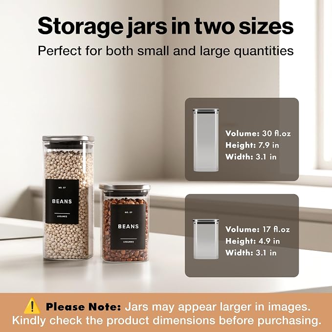 EDELHAUS Square Glass Storage Containers with Stainless Steel Lids 12-Pack (4x 30 oz, 8x 17 oz) Glass Storage Jars with Lids for Food, Stackable Glass Kitchen Canisters with 114 Labels for Pantry
